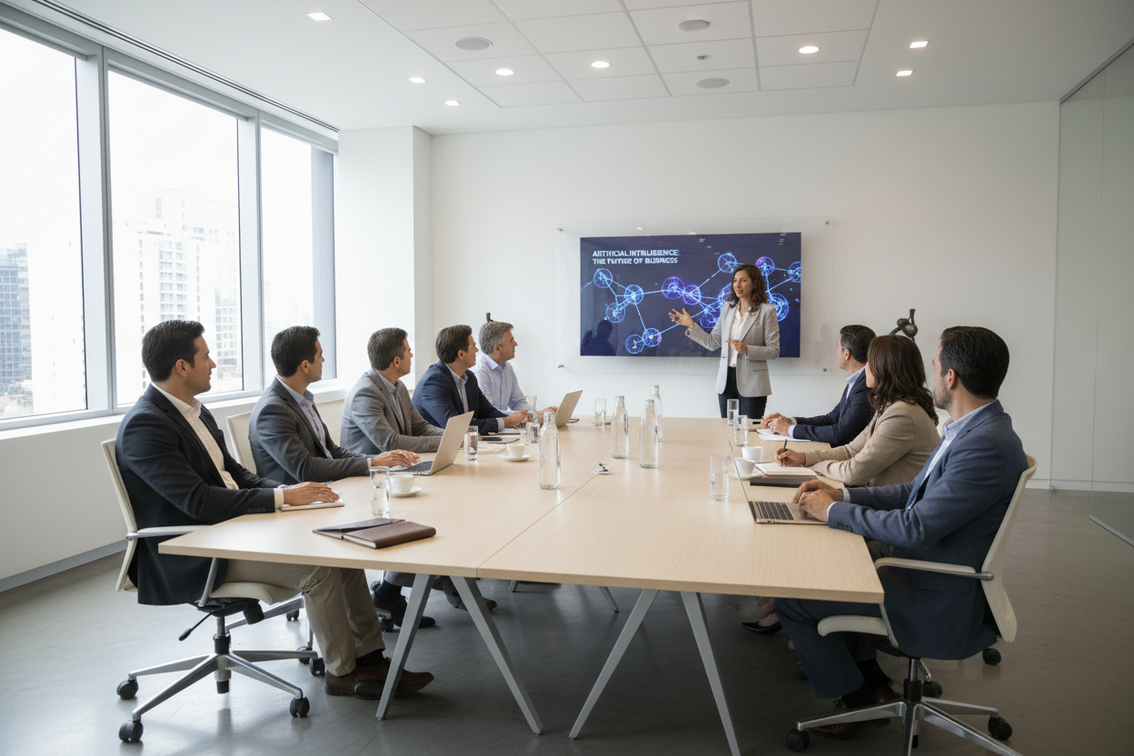 Crea una imagen de ejecutivos siendo capacitados en inteligencia artificial. Los ejecutivos deben ser latinos, diversos, en un oficina moderna, elegante pero minimalista