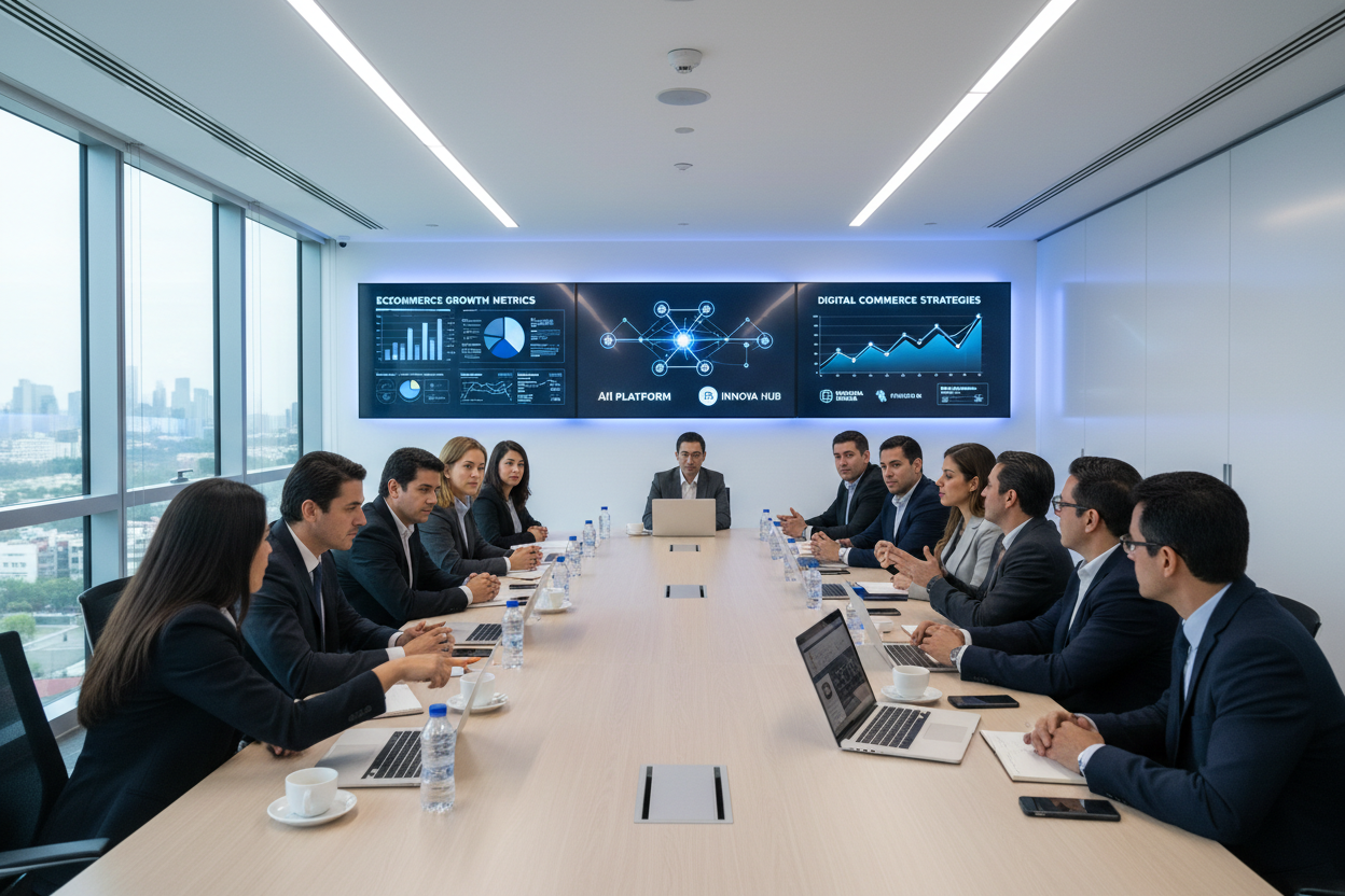 Crea una imagen de formación académica en ecommerce, marketplaces e inteligencia artificial corporativa