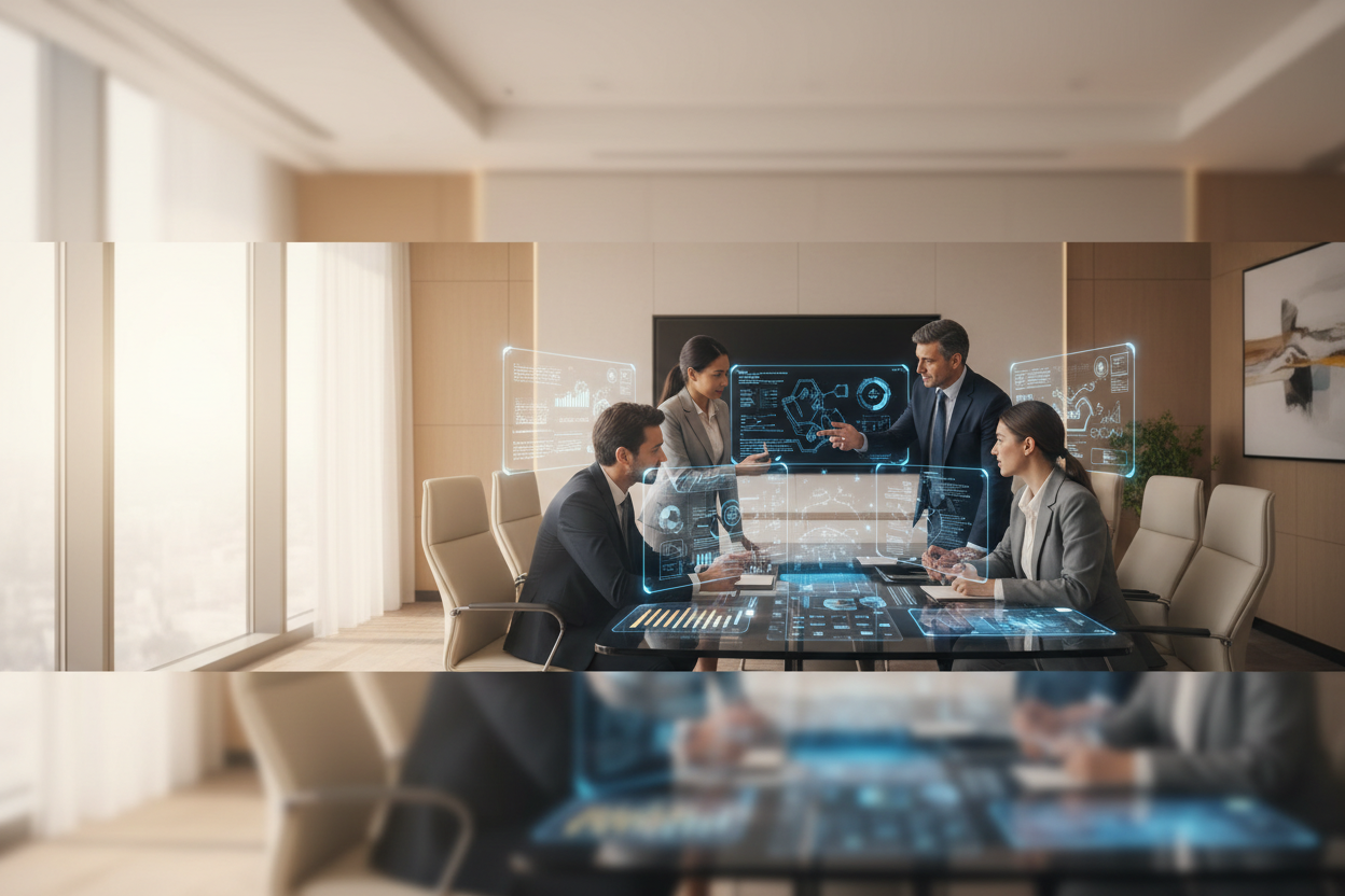 Eso no es ejecutivo y elegante sino abstracto, ¡Corrige! El punto es ver ejecutivos trabajando con IA en tonos beige (el fondo no las personas)